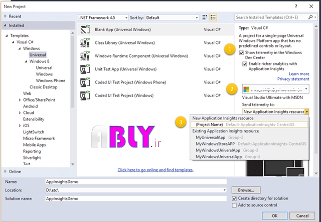 application insights in vs 2015